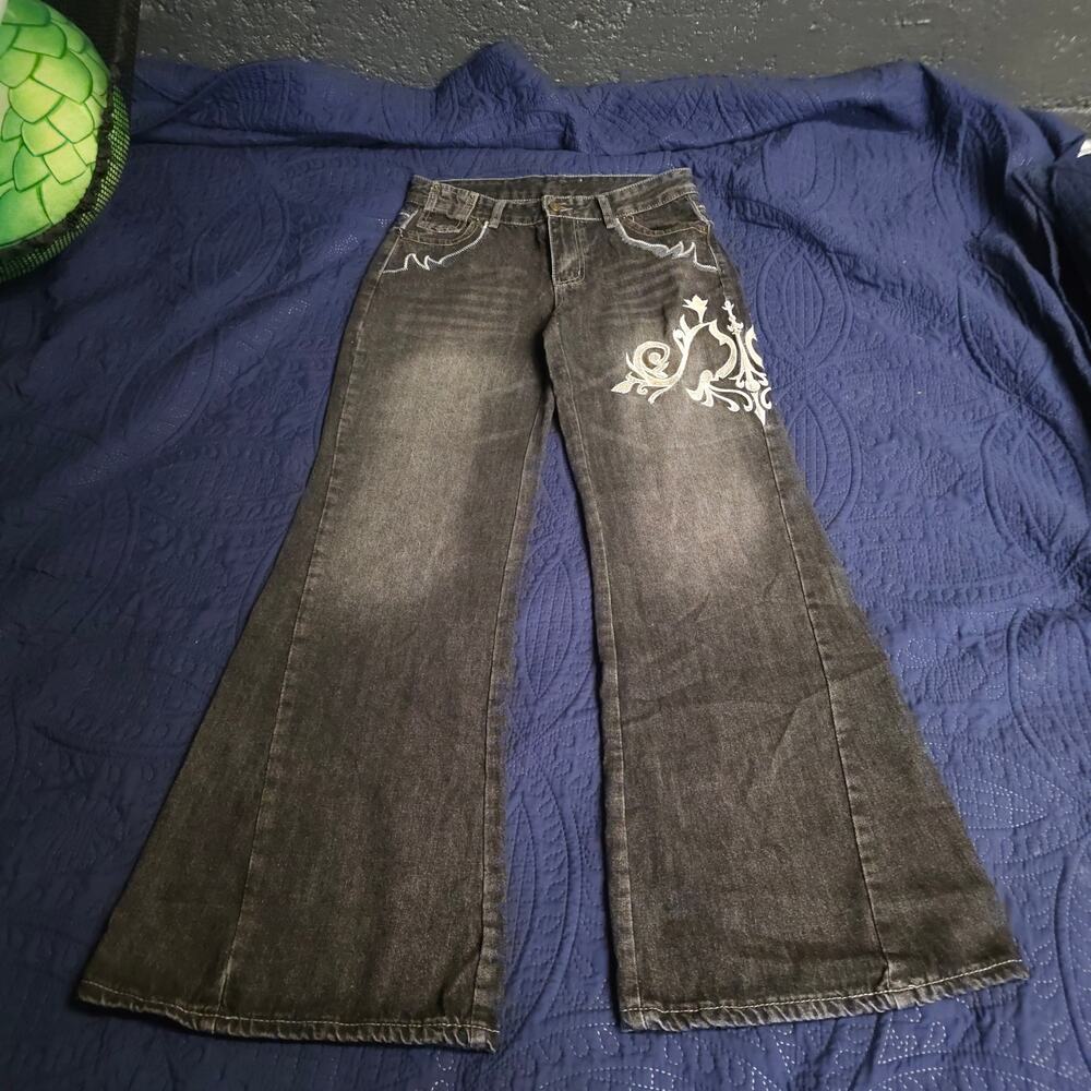 Embroidered Flare Jeans Charcoal Wash Button Flap Pockets W28 Good Condition - Picture 1 of 8